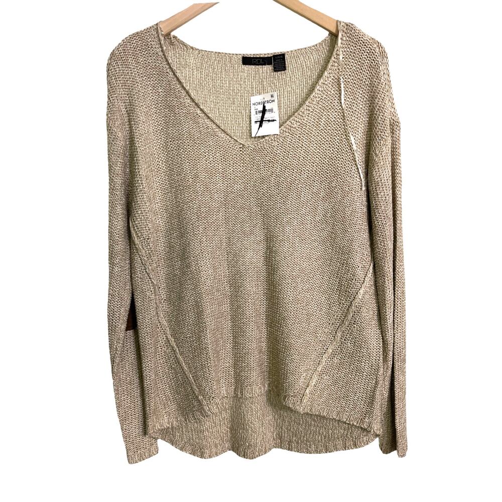 RDI Beige Knit Sweater Womens Large V Neck Pullover Lightweight Beach Coastal